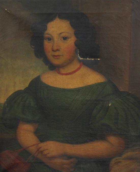 English School c.1850 Portrait of a young lady wearing a green dress and a coral necklace, 23 x 19in.